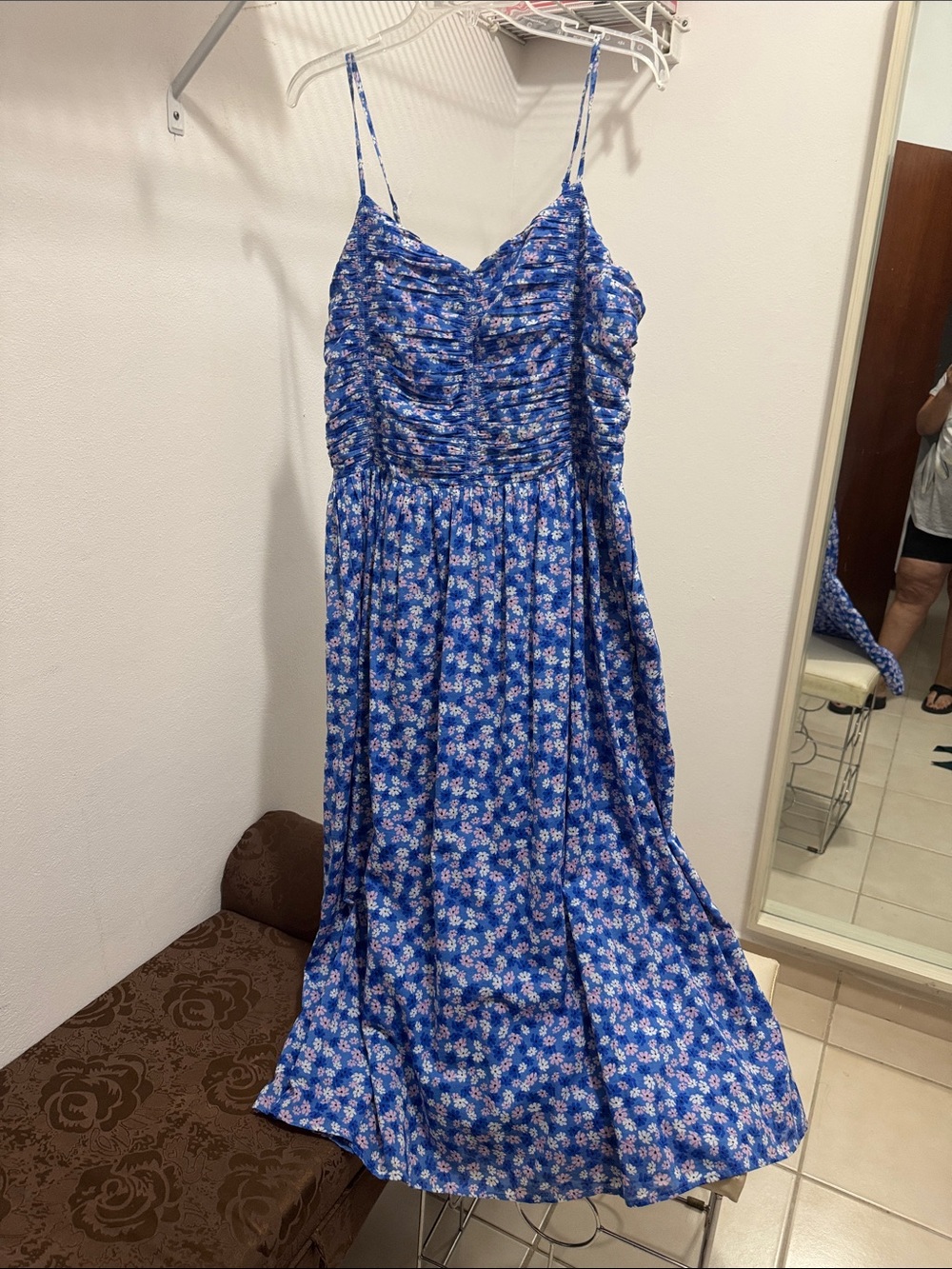 Blue Floral Spaghetti-Strap Midi Dress
